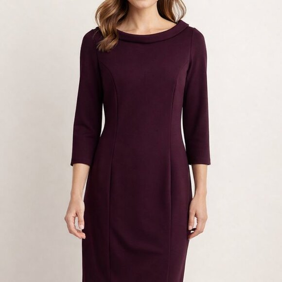 Talbots Ponte Knit 3/4 Sleeves Plum Burgundy Dress Cowl Neck Midi Stretch Size 8 - Picture 1 of 16